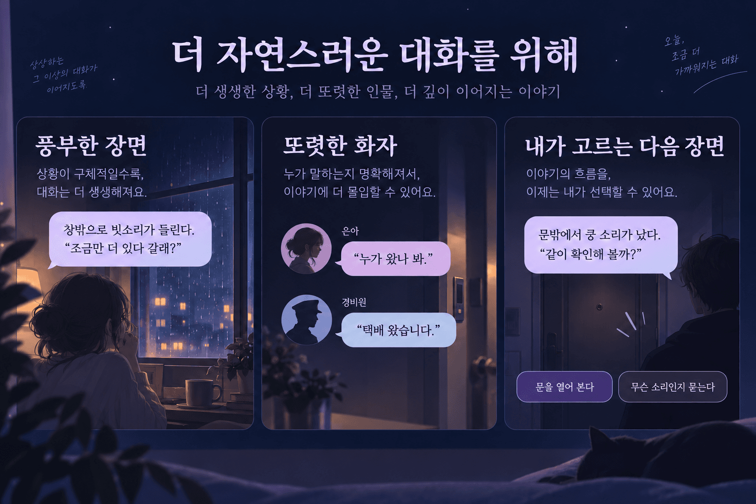 풍부한 장면과 조연 말풍선, 사용자가 고르는 다음 행동을 보여주는 대화 예시